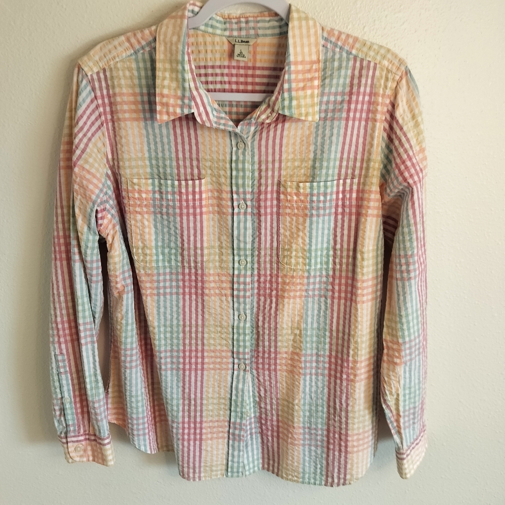 LL Bean Vacationland seersucker shirt Multicolor‎ Coastal Grandma Cottagecore